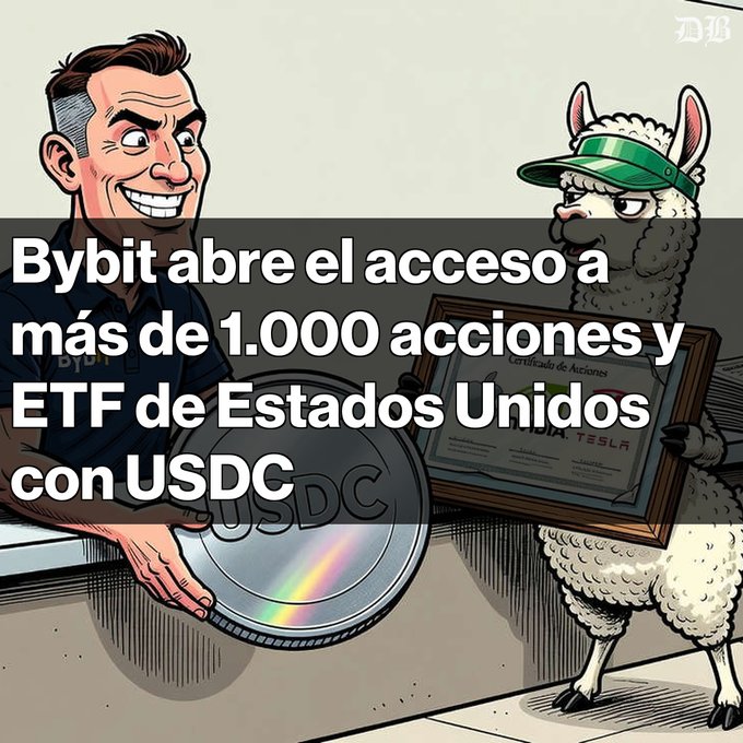 Illustration of a grinning man in a Bybit shirt exchanging a large USDC coin with a sheep wearing a green visor, with Spanish text announcing 'Bybit abre el acceso a más de 1.000 acciones y ETF de Estados Unidos con USDC' (Bybit opens access to more than 1,000 US stocks and ETFs with USDC).