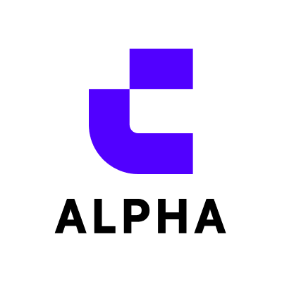 A simple logo featuring a purple stylized 'C' or hook shape above the word 'ALPHA' in bold black text on a white background.