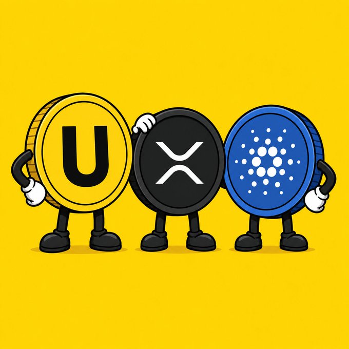 A cartoon illustration on a yellow background showing three anthropomorphic cryptocurrency coins—yellow U (Uniswap), black XRP, and blue Cardano (ADA)—standing side by side with arms around each other.