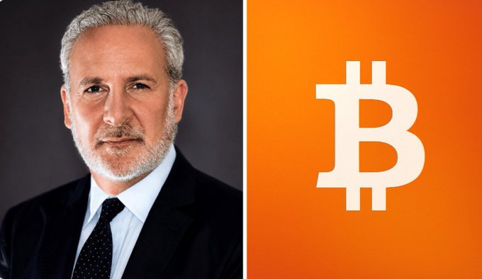 A split image featuring a professional headshot of a gray-haired man in a suit on the left and an orange background with a large white Bitcoin logo on the right.