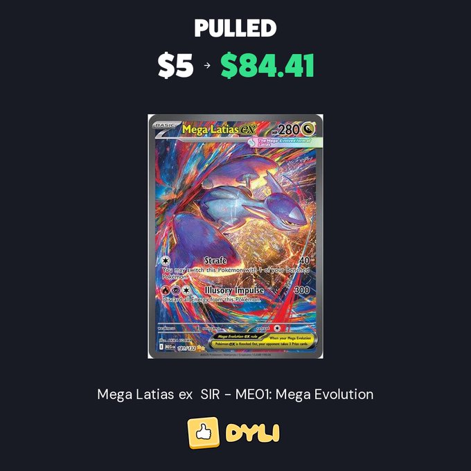 A pull notification showing a Mega Latias ex SIR Pokémon card from ME01: Mega Evolution, valued at $84.41, on the OYU app.