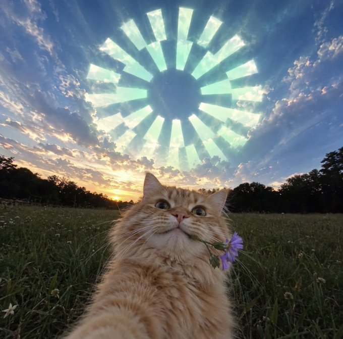 An orange cat sits in a grassy field at sunset holding a purple flower in its mouth, with a sunburst pattern in the sky above.