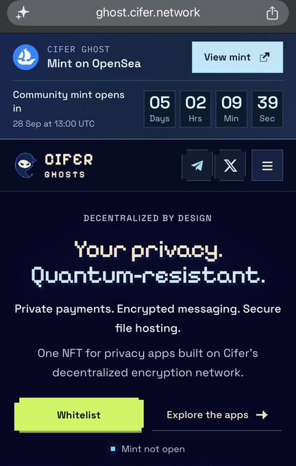 Mobile browser screenshot of 'ghost.cifer.network' showing a 'CIFER GHOST' NFT mint page with a countdown timer (5 days, 02 hrs, 39 sec) and text 'Your privacy. Quantum-resistant.'