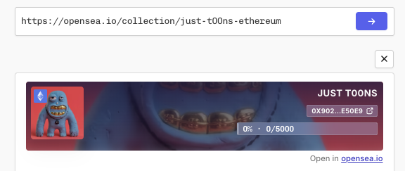 A browser search bar showing the URL 'https://opensea.io/collection/just-t00ns-ethereum' with a preview for the 'JUST T00NS' NFT collection showing 0% minted of 0/5000.