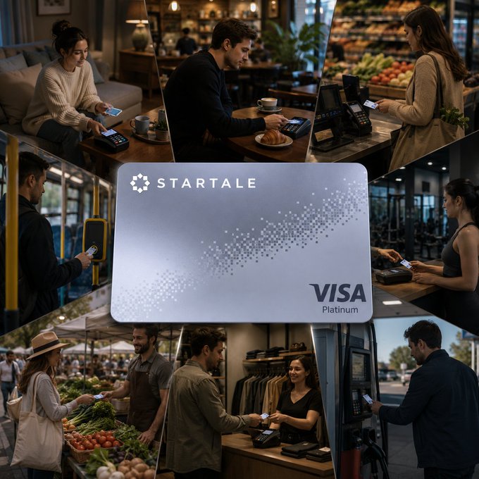 A promotional collage shows a silver 'STARTALE VISA Platinum' credit card in the center, surrounded by scenes of people using payment terminals at cafes, markets, shops, and gas stations.