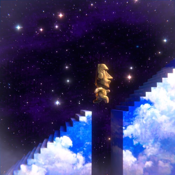 A surreal digital illustration depicting a golden Moai-like figure floating in a starry purple cosmos, positioned between two staircases that descend into fluffy blue and white cloud-filled portals.