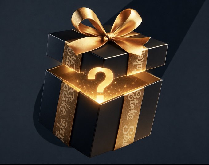 A sleek black gift box wrapped with a golden "Stake" ribbon and bow reveals a glowing golden question mark emerging from within, perfectly capturing the mystery and excitement of a giveaway where users must comment and follow to claim their prize.