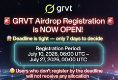 A promotional graphic for the GRVT airdrop featuring the brand's logo at the top, displaying "GRVT Airdrop Registration is NOW OPEN!" with registration period details (July 10, 2026, 06:00 UTC – July 27, 2026, 00:00 UTC) and a warning that users who don't register by the deadline won't receive any allocation.