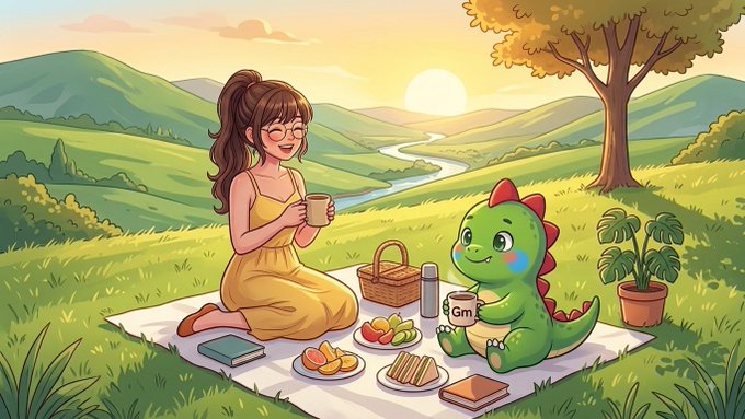 A cartoon illustration of a young woman with glasses having a picnic on a blanket with a cute green dinosaur character, set against a rolling countryside landscape at sunset.