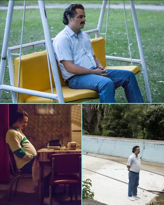 A collage of three images shows a mustachioed man in a blue shirt sitting on a yellow swing, sitting at a dimly lit table, and standing by an empty pool.