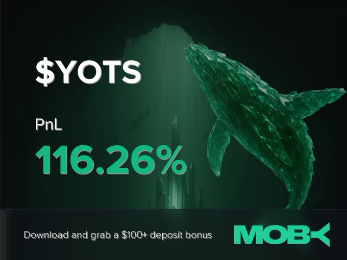 A promotional graphic for Moby features a large green whale breaching underwater, announcing a "Win Alert" for the $YOTS token with a PnL of 116.26%, alongside an offer to "Download and grab a $100+ deposit bonus." The image visually reinforces the post's message of a successful trade and highlights the platform's deposit incentive.