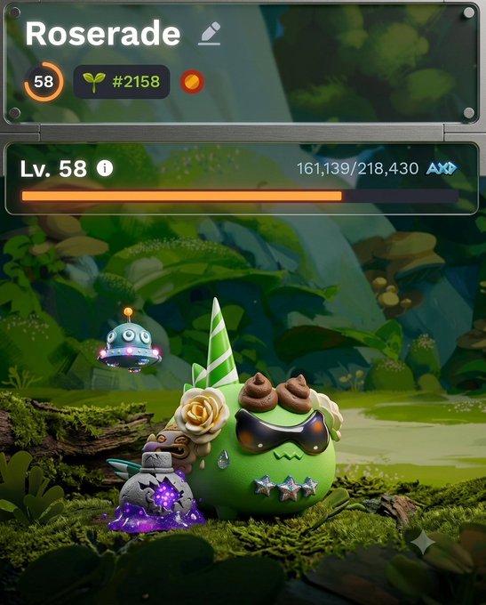 A Pokémon Pocket game screen shows a level 58 Roserade (#2158) with 161,139/218,430 Atk, featuring the character in a forest setting with decorative items.