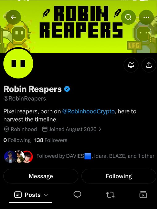 A Twitter profile page for 'Robin Reapers' (@RobinReapers) with 138 followers, featuring a bright green header with pixel-art grim reapers and the bio 'Pixel reapers, born on @RobinhoodCrypto, here to harvest the timeline.'