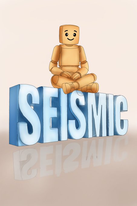 A 3D rendered illustration of a smiling wooden artist's mannequin sitting in a cross-legged meditative pose on top of large, glossy blue and white 3D letters spelling "SEISMIC".