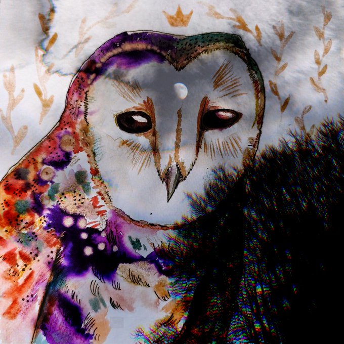 A vibrant mixed-media or digital painting of a barn owl with a crown symbol on its head, featuring purple, orange, and white watercolor-like textures against a dreamlike background.