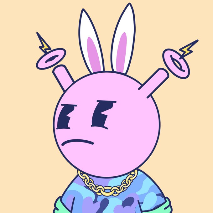 A cartoon pink character with rabbit ears, dollar sign eyes, a gold chain, and a camo shirt looking unimpressed against a beige background.