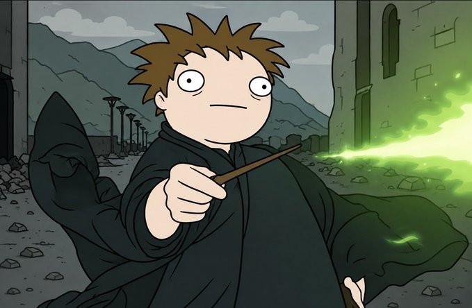 A cartoon character with messy brown hair and a blank, wide-eyed expression stands in a ruined stone courtyard, pointing a wand that emits green flames, dressed in black wizard robes reminiscent of a young Harry Potter parody. The post "The meme who lived $RICK" reinforces the joke by referencing "The Boy Who Lived," while the meme character humorously resembles a simple, oblivious Rick in place of the iconic wizard hero.