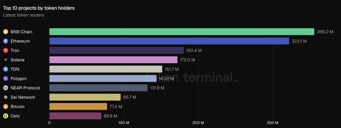 A bar chart titled 'Top 10 projects by token holders' listing projects like BNB Chain (356.0 M), Ethereum (322.1 M), Tron (180.4 M), Solana, and Bitcoin (77.4 M), watermarked with 'n terminal_'.