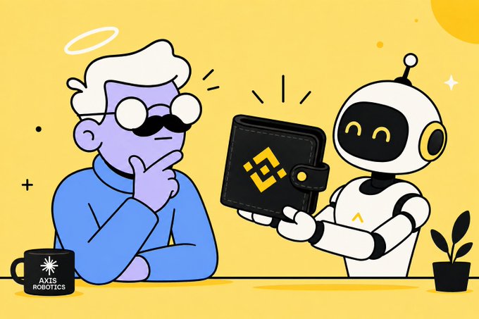 An Axis Robotics illustration showing a purple-skinned elderly man with a mustache and halo alongside a white robot holding a black wallet with the Binance logo.