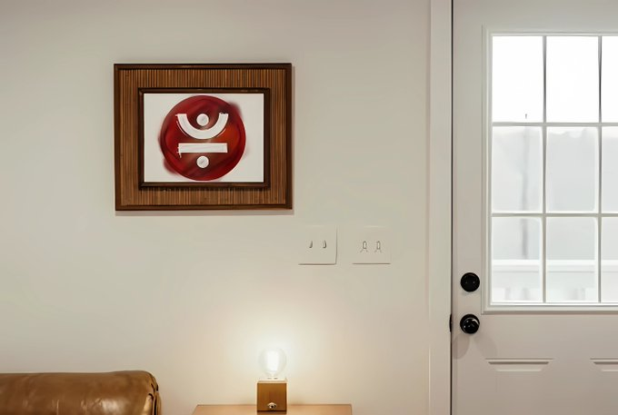 A framed red circular emblem with a stylized white symbol hangs on a white wall near a door, above a small lamp on a side table. The image doesn't directly reference STRX or the staking concept but rather shows a minimalist interior with artistic decor that has no specific connection to the article's topic about staking yields and liquidity.