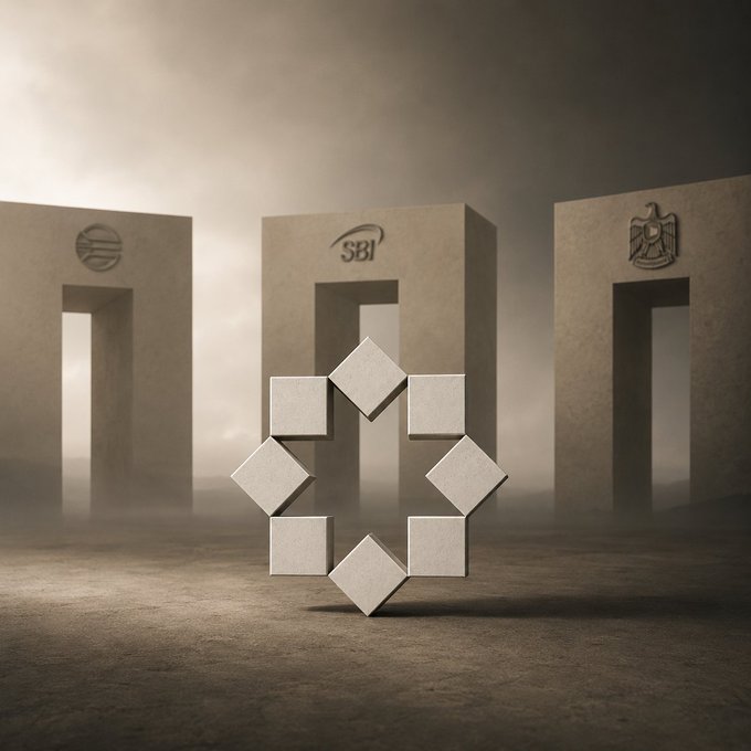A surreal 3D scene features three stone portals bearing the emblems of major Indian banks (including SBI) standing in a foggy landscape, with a circular arrangement of gray cubes floating in the foreground.
