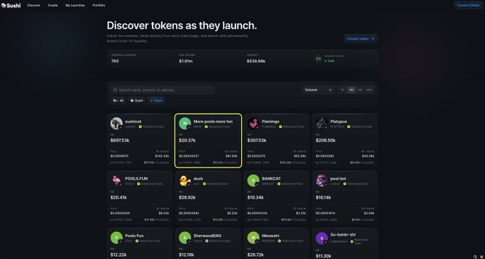 Sushiswap interface showing the 'Discover tokens as they launch' page with various tokens listed, including 'More poods more fun' highlighted in a yellow box.