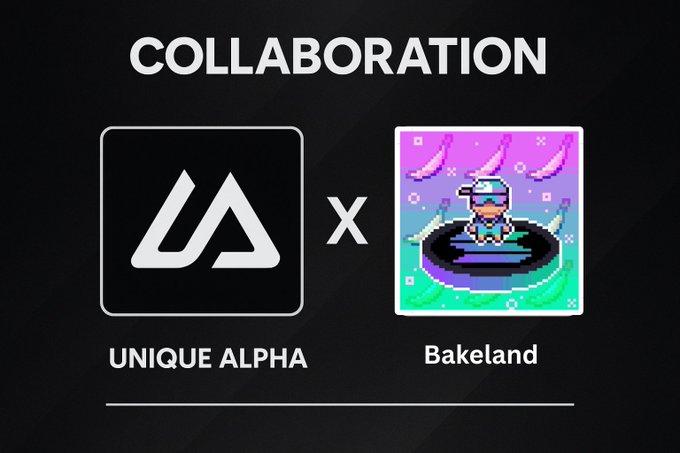 A collaboration announcement graphic featuring the "UNIQUE ALPHA" logo alongside the "Bakeland" pixel-art mascot on a black background, with "COLLABORATION" displayed prominently at the top—visually representing the newly secured partnership for whitelist spots in Bakeland's upcoming mint.