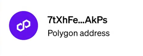 xtxhfe...AKPss is a Polygon Address, with the word "Polygon" written in black text and the address "7tXhfe...AKPss" in white text.