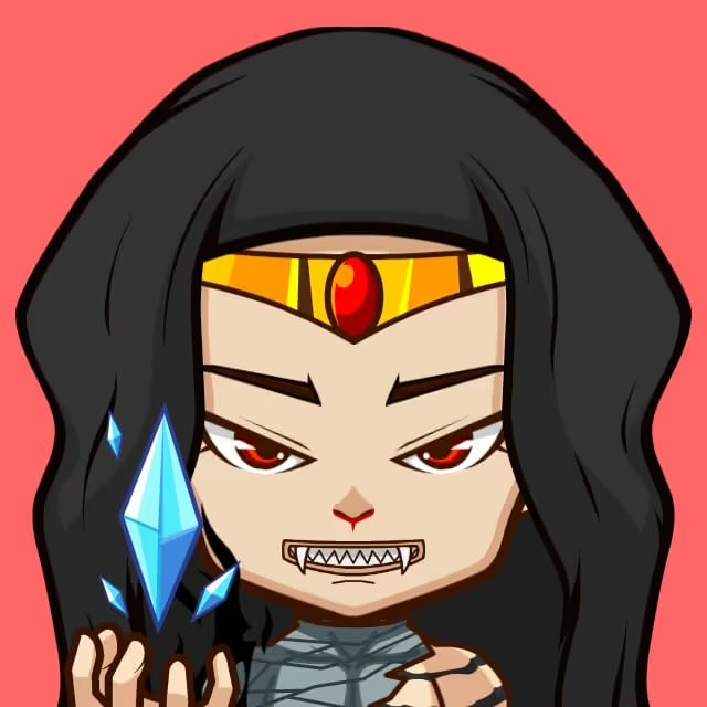 A cartoon chibi-style character with long black hair, red eyes, fangs, a gold and red gem headband, holding a blue crystal.