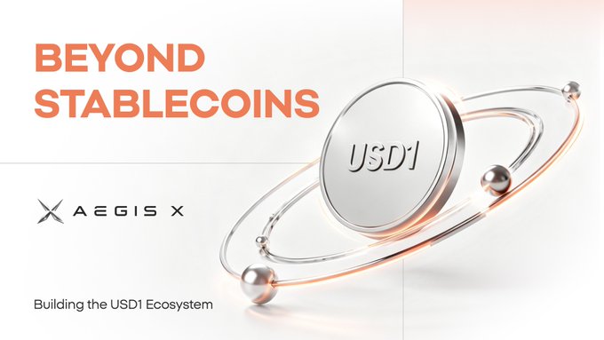 The image showcases the AEGIS X brand with the text "BEYOND STABLECOINS" and a stylized coin labeled "USD1," representing the expansion of the USD1 ecosystem beyond digital payments.