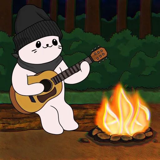 A cartoon illustration of a white seal character wearing a black beanie and scarf, playing an acoustic guitar while sitting on a log next to a campfire in a forest at night.