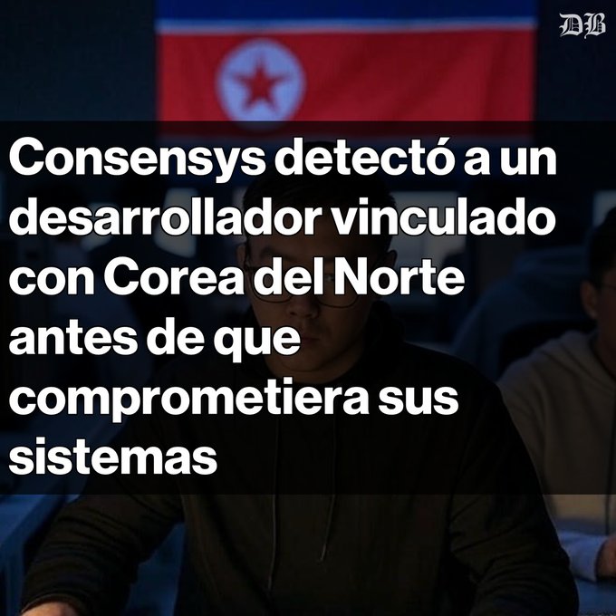 A man works at a computer beneath the North Korean flag, with overlaid Spanish text reading "Consensys detectó a un desarrollador vinculado con Corea del Norte antes de que comprometiera sus sistemas" (Consensys detected a developer linked to North Korea before compromising their systems), illustrating the news of Consensys identifying an external consultant using a fake identity tied to North Korea.