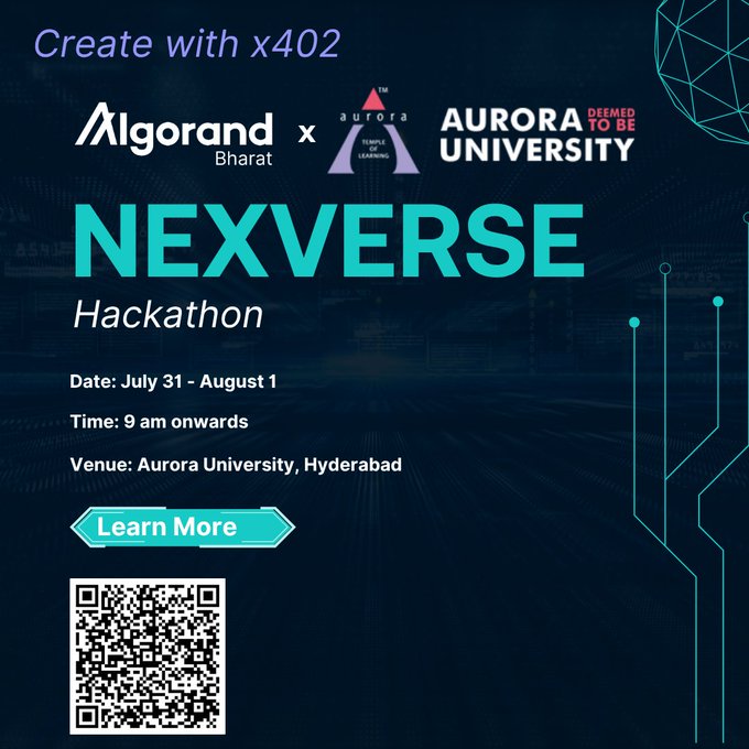 A promotional graphic for the 'NEXVERSE Hackathon' organized by Algorand Bharat and Aurora University on July 31 - August 1.