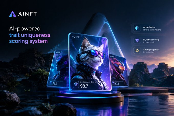 A promotional graphic for AINFT, an AI-powered trait uniqueness scoring system, featuring NFT character cards including a cat wearing sunglasses with a score of 98.7.