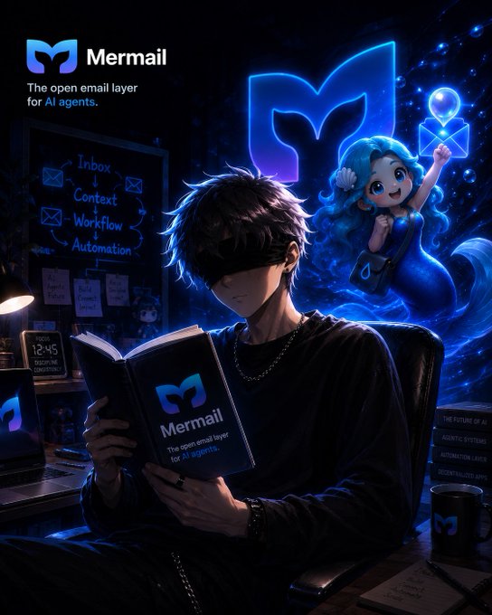 A stylized digital illustration shows a dark-haired person reading a book labeled "Mermail - The open email layer for AI agents" with a blue-haired mascot and diagrams labeled "Inbox," "Context," "Workflow," and "Automation" in the background.