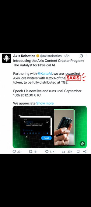 A tweet from Axis Robotics (@axisrobotics) introducing 'The Axis Content Creator Program: The Katalyst for Physical AI'. They are partnering with @KaitoAI to reward Axis lore writers with 0.25% of the $AXIS token. Epoch 1 is live until September 18th at 12:00 UTC.