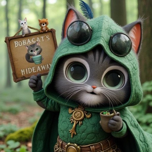 A whimsical illustration of a gray cat wearing a green hooded cloak and large goggles, holding a wooden sign that reads 'BOBACAT'S HIDEAWAY'.
