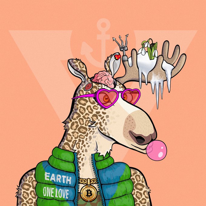 A cartoon illustration of a giraffe wearing heart-shaped sunglasses, a green and blue puffer vest reading 'EARTH ONE LOVE', and a Bitcoin medallion, with a brain, egg, and melting snowman on its head.