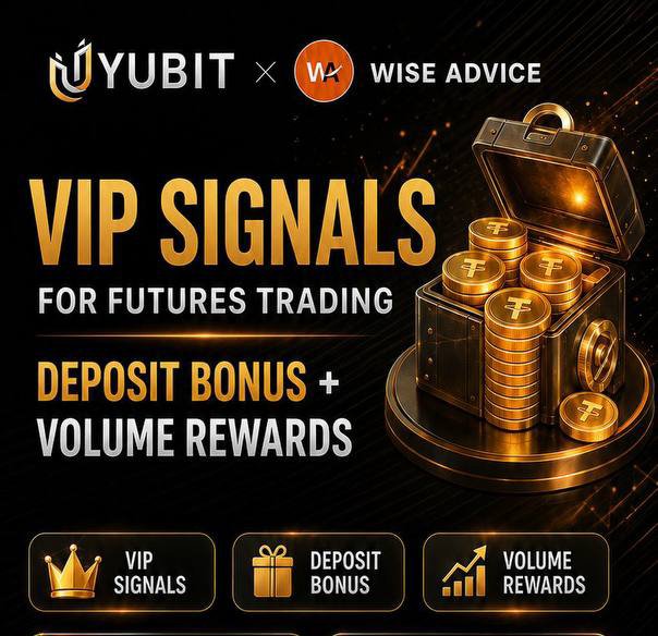 An advertisement for 'UYUBIT × WISE ADVICE' offering 'VIP SIGNALS FOR FUTURES TRADING' with deposit bonus and volume rewards, featuring a treasure chest filled with gold Tether coins.