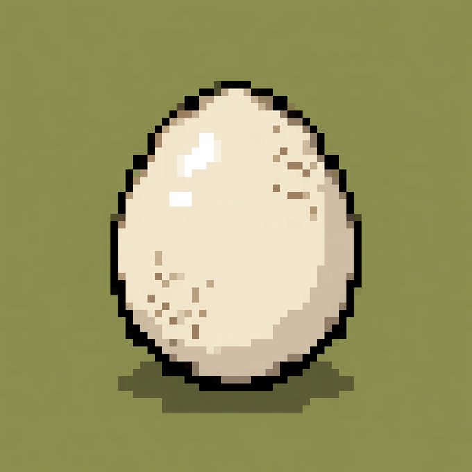 Pixel art illustration of a speckled beige egg with a highlight, sitting on an olive green background.