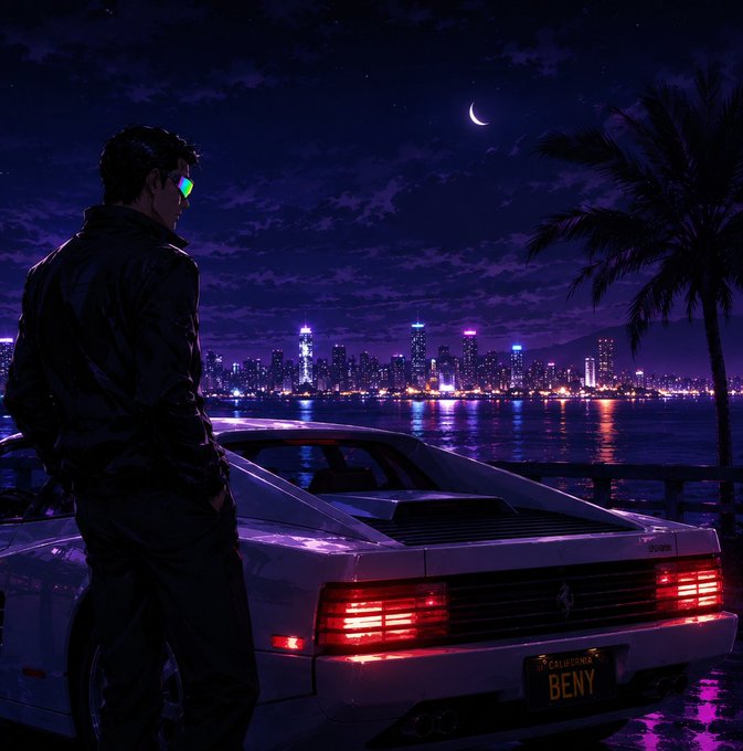 An anime-style illustration depicts a man in a dark jacket standing beside a white Ferrari with a California license plate reading 'BENY', overlooking a city skyline at night under a crescent moon.