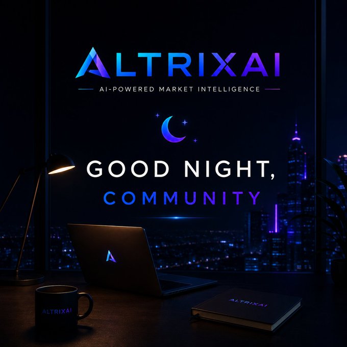 The image features a laptop computer sitting on top of a desk with a cup of coffee next to it. The background shows a city skyline at night, creating an urban atmosphere. The caption for the image reads "Good Night, ALTRIXAI community #Crypto #Bitcoin #AI #altrixai". This suggests that the image is related to the cryptocurrency and AI industries or promotes a nighttime theme with the use of technology and urban settings.