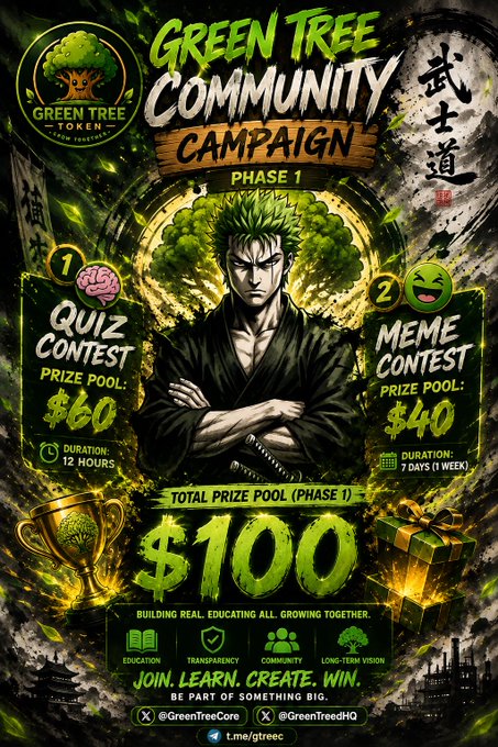 This image promotes the "$100 Green Tree Community Campaign Phase 1," featuring a quiz and meme contest with prize pools of $60 and $40 respectively. It visually reinforces the campaign's goals of education, transparency, community, and long-term vision, mirroring the accompanying post's sentiment.