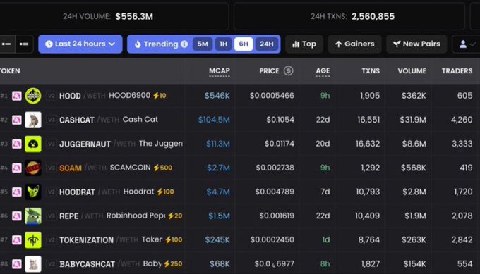 A meme coin tracking dashboard displaying 24H volume of $556.3M and 2,560,855 transactions, with a list of tokens including HOOD, CASHCAT, JUGGERNAUT, SCAM, HOODRAT, REPE, TOKENIZATION, and BABYCASHCAT.