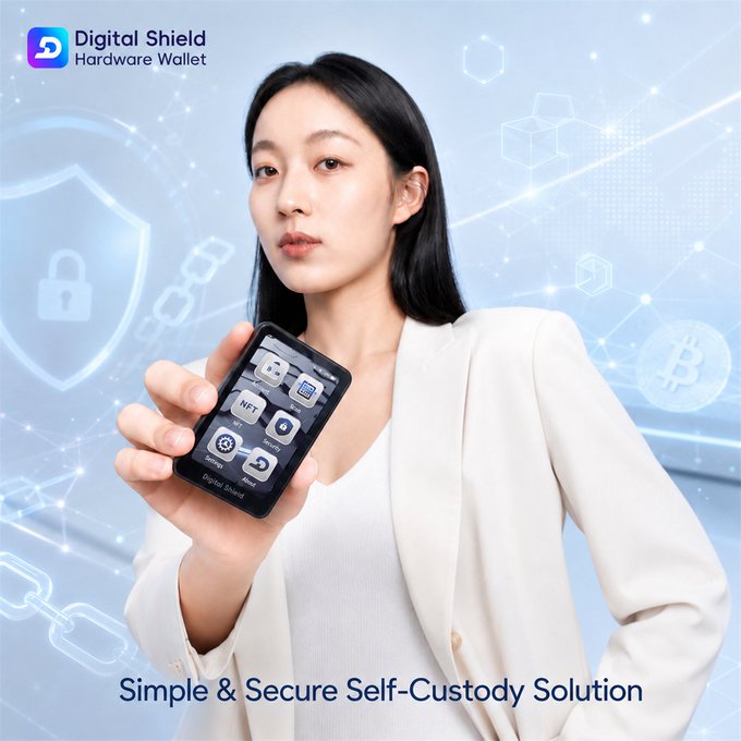 An advertisement for a 'Digital Shield Hardware Wallet' showing a woman in a white blazer holding the device, with text reading 'Simple & Secure Self-Custody Solution'.