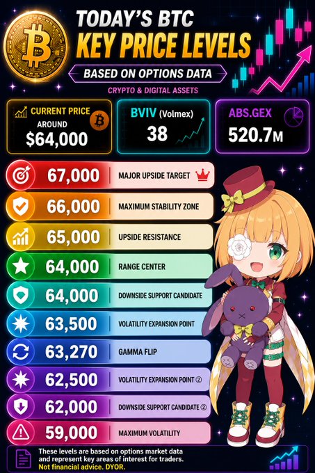 A Bitcoin price levels infographic shows current price around $64,000 with key support and resistance levels based on options data, decorated with an anime character holding a bunny.