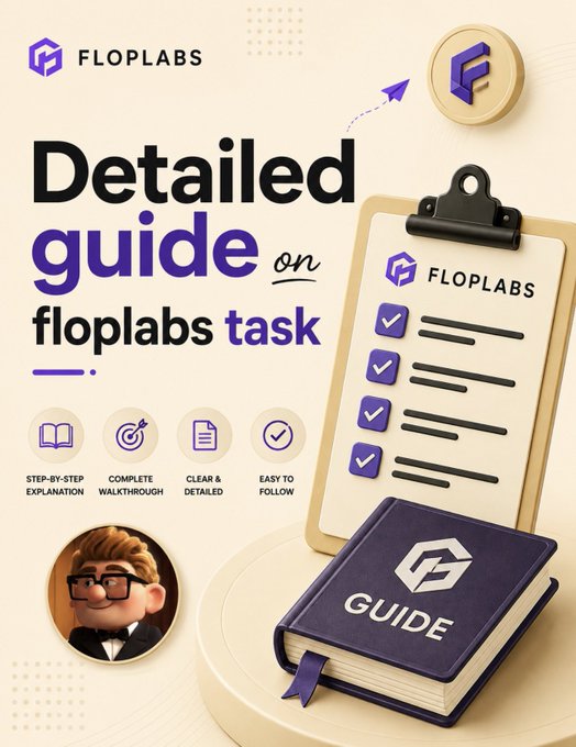 A marketing graphic for 'FLOPLABS' titled 'Detailed guide on floplabs task' featuring a clipboard checklist, a book labeled 'GUIDE', and icons for 'STEP-BY-STEP EXPLANATION', 'COMPLETE WALKTHROUGH', 'CLEAR & DETAILED', and 'EASY TO FOLLOW'.