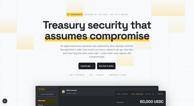 A website landing page for 'skur' (v0 Invariants) featuring the headline 'Treasury security that assumes compromise,' with descriptions of self-custodial, sui, localnet, and enforced in move features, showing a payment of 60,000 USDC.