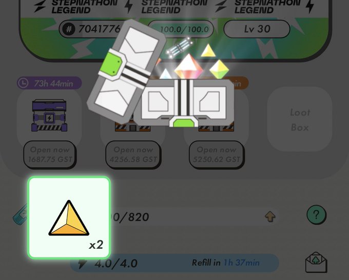 STEPN app screen showing "Stepnathon Legend" loot boxes at level 30 with GST rewards and a yellow gem refill timer.