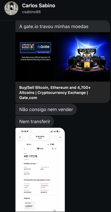 The image shows two separate messages posted on social media by people who have issues with selling or withdrawing their Bitcoin from Gate One. The first message is from a user named Carlos Sabino, while the second message is from another person. Both users are asking for help in resolving their Bitcoin transactions.